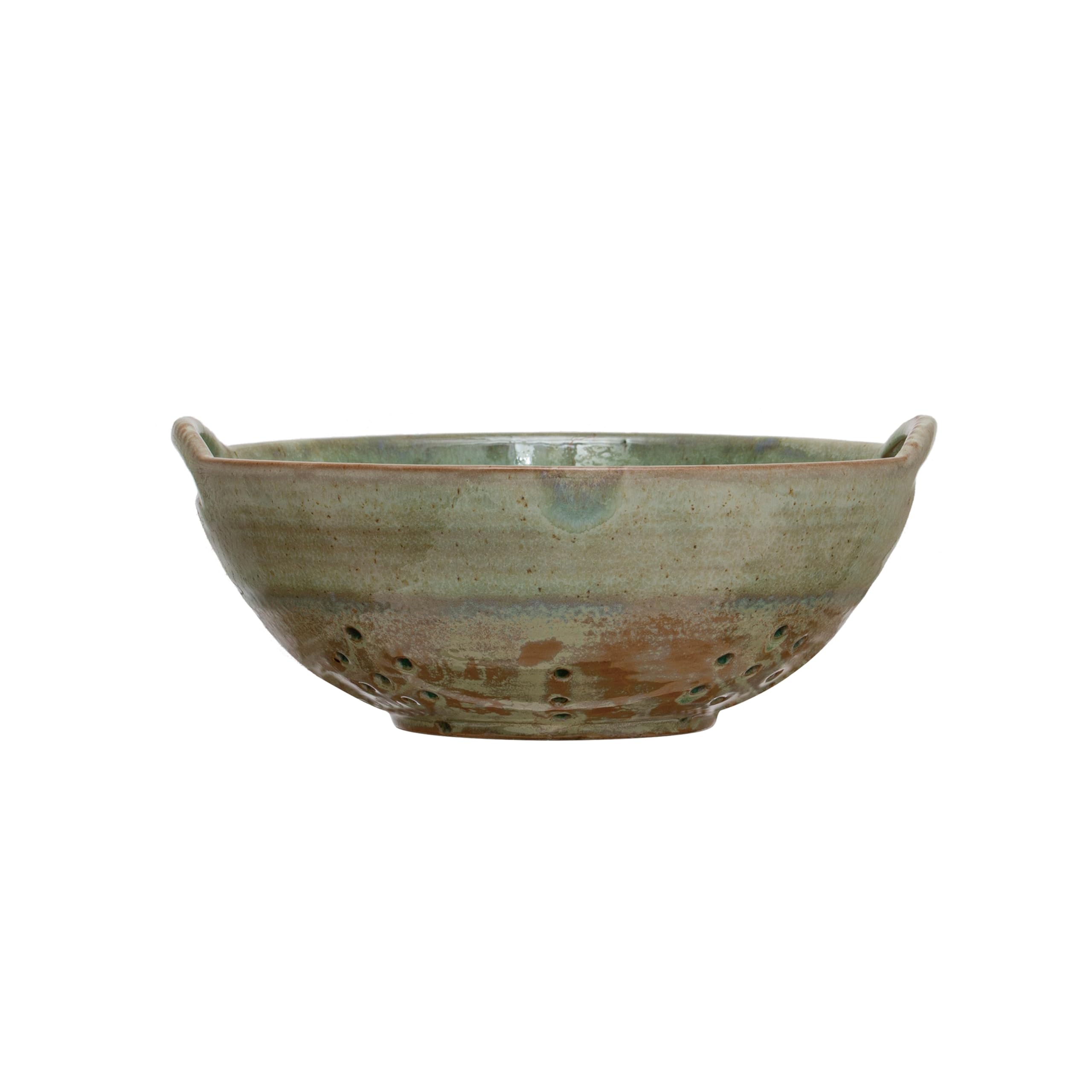 Glowspires Creative Co-Op Stoneware Berry Bowl with Handles, Aqua Reactive Glaze, 8.5"L x 7.75"W x 3.25"H, Multicolor