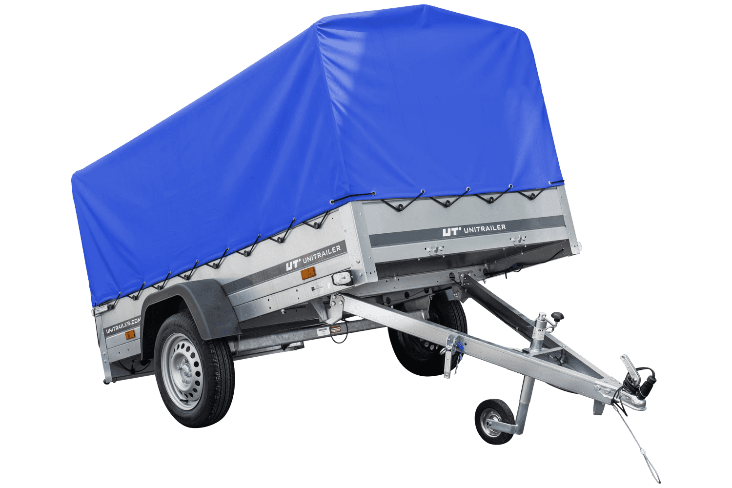 Auto Anhänger 230x125 Garden Trailer 230 KIPP 750 kg mit Stützrad, blauer Hochplane und Hochspriegel